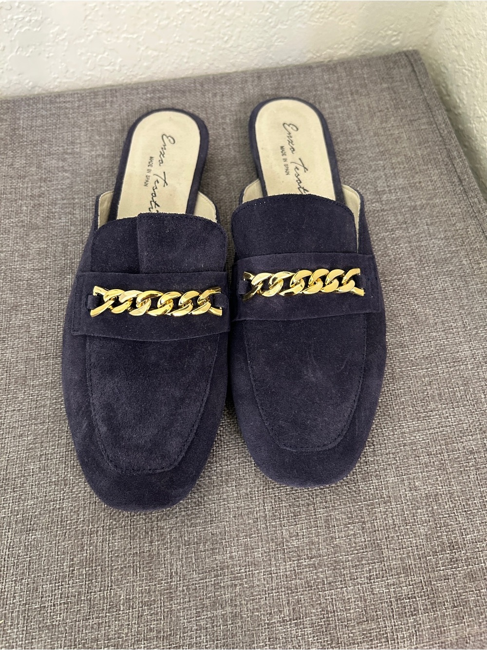 Suede Navy Chain-Accent Women's Mules -